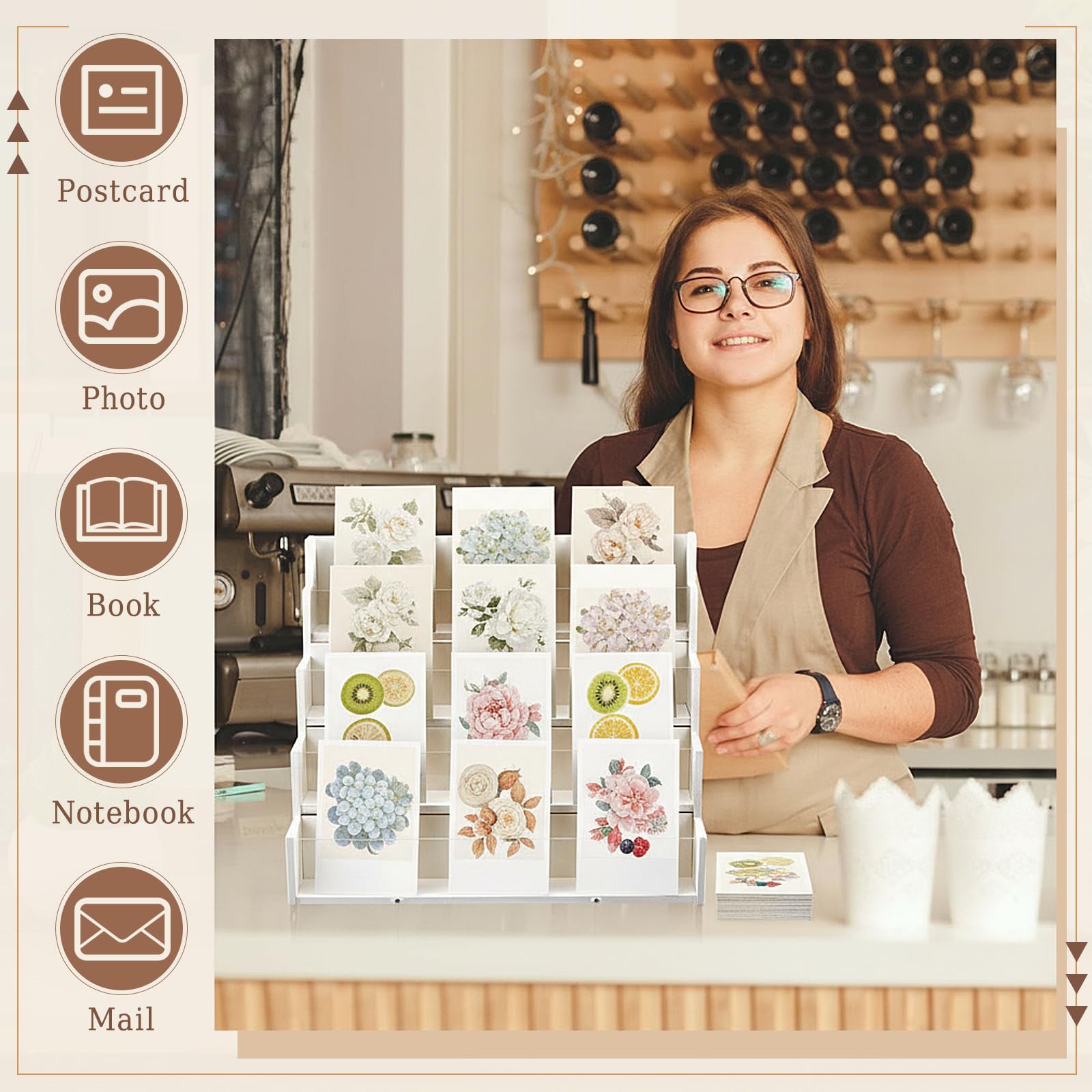 Yuntau Présentoir de cartes de vœux en bambou et acrylique - Présentoir pour cartes de vœux, photos, cartes de vœux - Présentoir pour vendeurs, salons artisanaux (blanc, 4 niveaux)