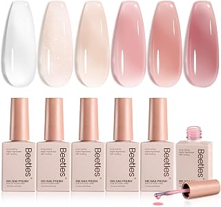 Beetles Whispers of Love Jelly Gel Nail Polish Set - 6 Milky White Nude Pink Sheer UV Gel Colors, 28+ Days Lasting DIY Manicure Kit