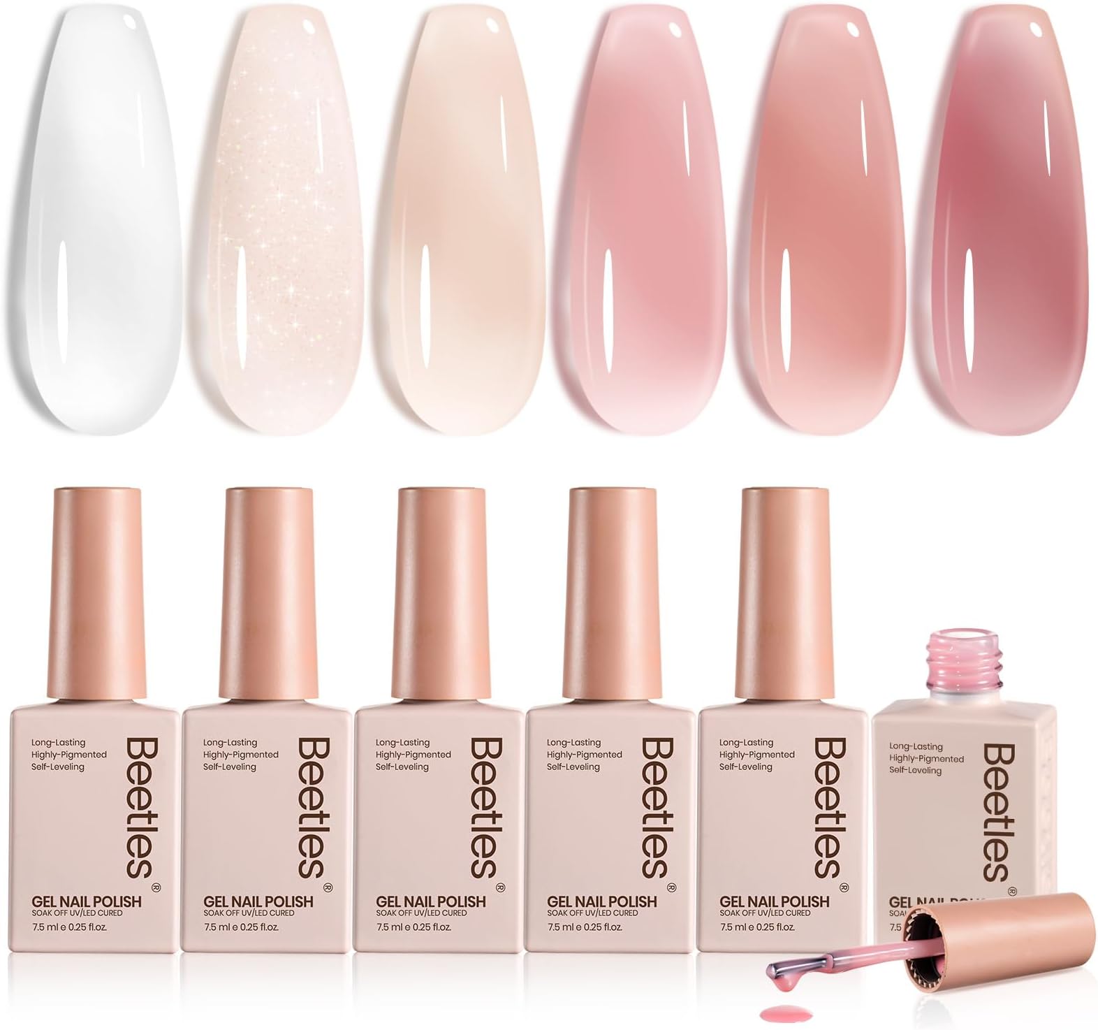 beetles Jelly Gel Nail Polish Set, 6 Colours Milky White Nude Sheer Pink Translucent Soak off Uv Nail Gel DIY Manicure Design Gift for Women Girls