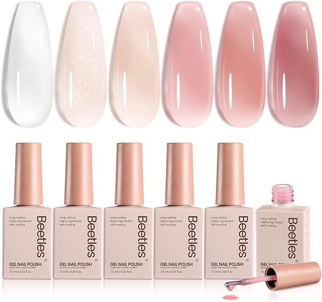Beetles Jelly Gel Huile Polish ensemble 6 Couleurs Neutre Sheer Blanc laiteux Nu Rose Gel Polish Kit Translucide Trempage au large de Uv Nail Gel Dons de manucure Diy pour filles femmes