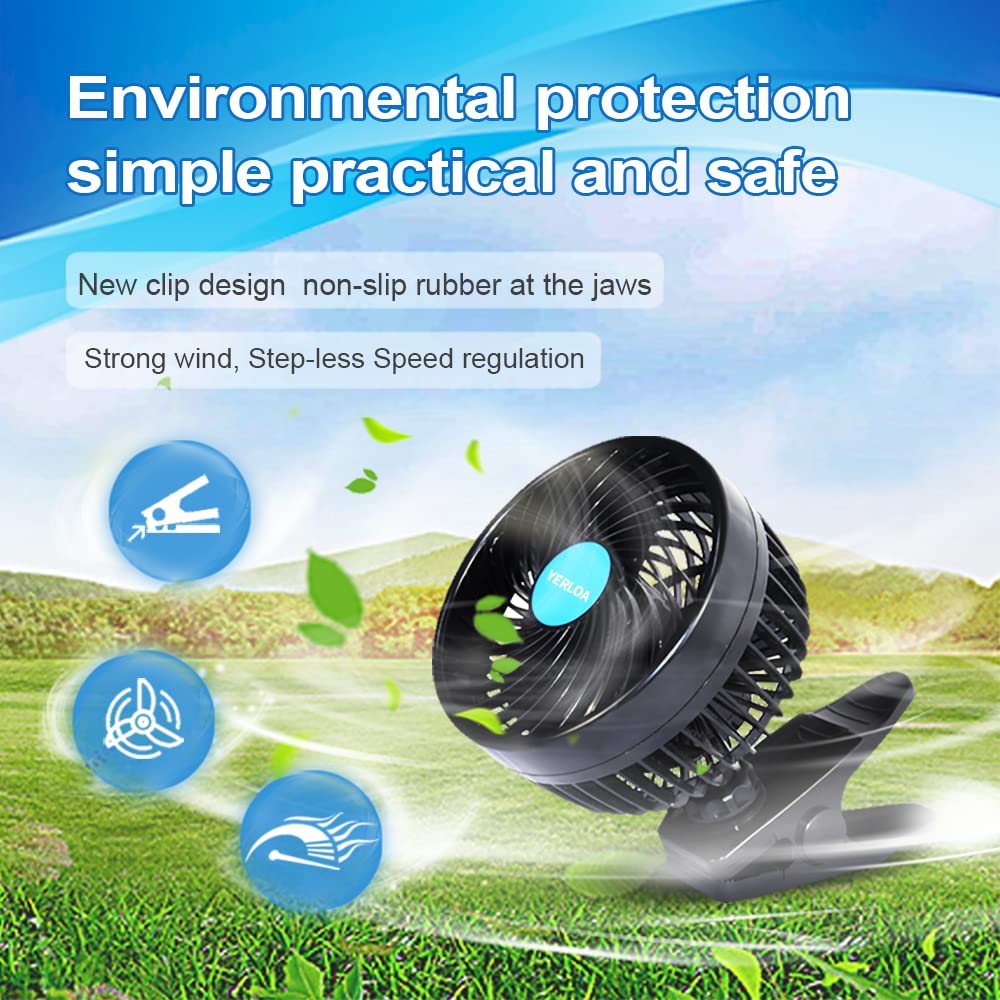 Yerloa 6" Auto Ventilator 12V 360 Grad drehbar stufenlose Geschwindigkeit mit verstellbarem Clip Zigarettenanzünder-Stecker für Fahrzeug LKW Wohnmobil SUV