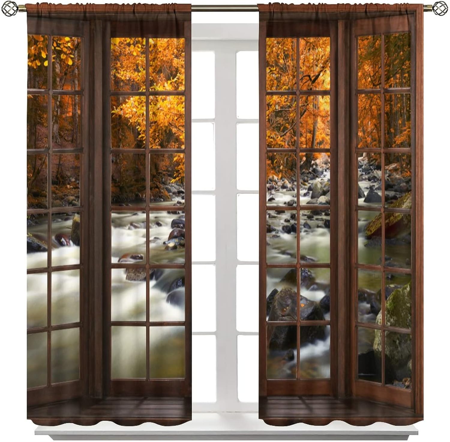 Landscape Curtains,Nature 3D Scenery View Window Treatments for Living Room,Autumn Fall Leaf Waterfall Forest Tree Nature Scape Curtain 2 Panels,42x45 Inch
