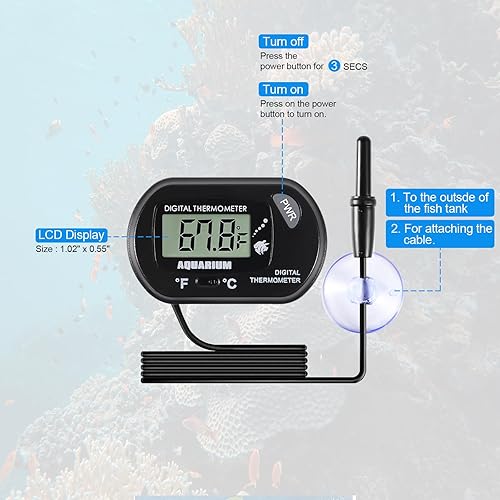 Miniatura 2 de Termómetro de acuario para acuario, termómetro digital LCD para tanque de peces con sonda de sensor resistente al agua y ventosa para incubadoras de