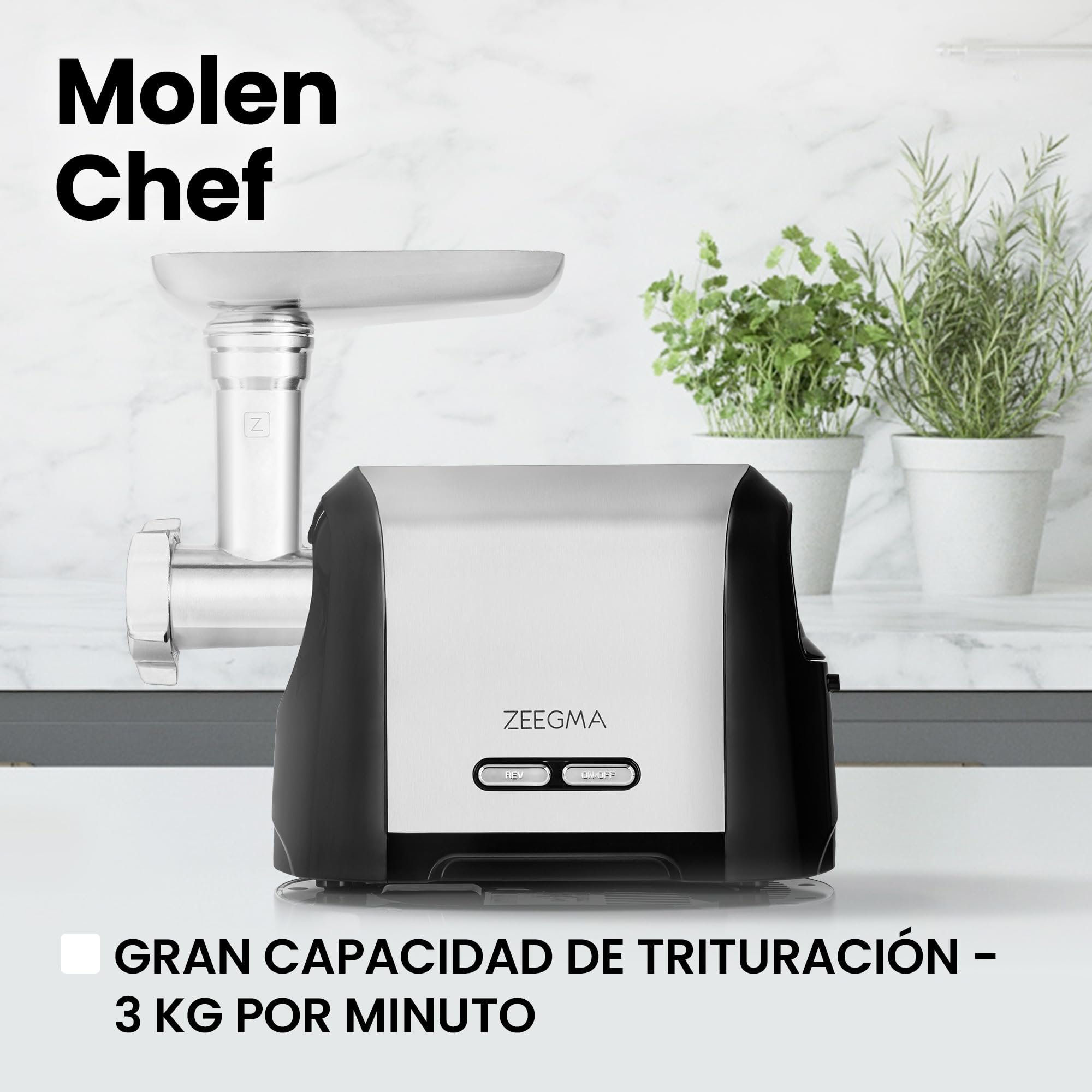 ZEEGMA Molen Chef Picadora eléctrica de carne 1900 W con 3 placas de molienda de acero inoxidable, 3 kg/min, máquina de embutidos, kubbe, triturado, función REV, estuche de accesorios (Plata)
