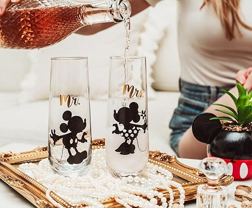Miniatura 2 de Disney Mickey and Minnie - Juego de 2 vasos estriados sin tallo de 9 onzas | Tazas de copa de champán para vino, mimosas, cócteles | Artículos