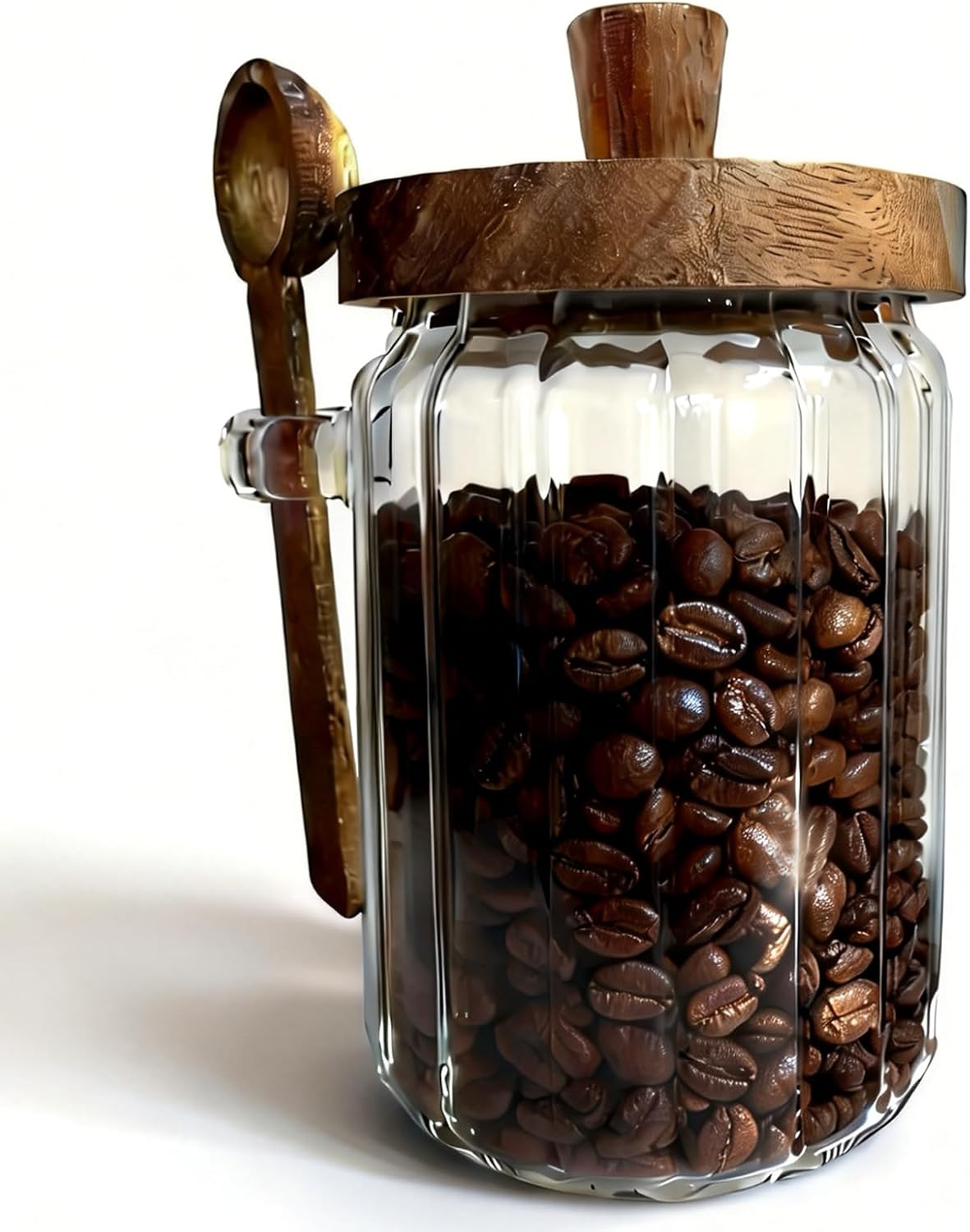 20.3 Oz Coffee Canister, Glass Jar with Wooden Lid and Spoon, Airtight Storage Container for Coffee Grounds Beans Sugar Leaf Tea and More