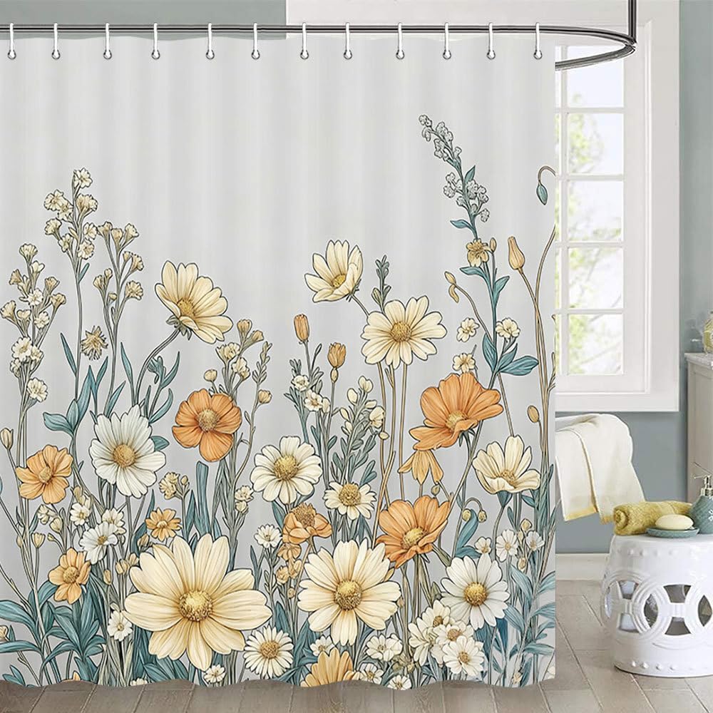 JAWO Vintage Grey Boho Floral Shower Curtain, Boho Aesthetic Dark Wildflower Botanical Flowers Shower Curtain for Bathroom with Hooks, Farmhouse Plants Art Chic Bathroom Accessories Set, 72X75 inch
