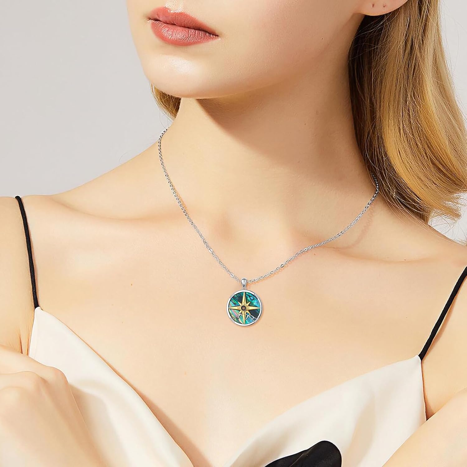 FLYOW 925 Sterling Silver Abalone Shell Pendant Compass/Anchor/Mountain/Astronaut Necklace Graduation Birthday Anniversary Christmas Jewelry for Women Men - Image 3