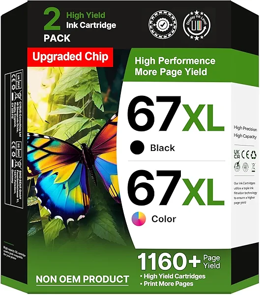 67XL Ink Cartridges Black/Color Combo Pack Replacement for HP Ink 67 67XL Printer Ink Works for HP DeskJet 2827e 2755e 2700 2855e 2842e 2800 4155e 2755 2852e Envy 6055e 6000 6455e (1 Black, 1 Color)