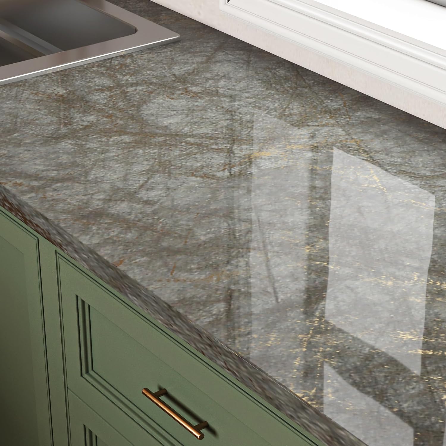 Livelynine 15.8x394 Countertop Laminate Peel and Stick Countertops Waterproof Kitchen Wallpaper Green and Gold Self Adhesive Laminate Counter Top Vinyl Wrap Glossy Marble Contact Paper for Desk Table