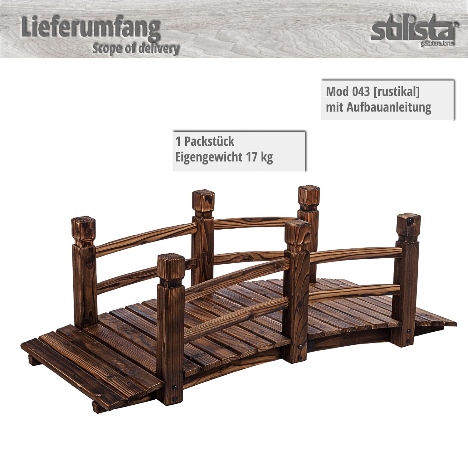 STILISTA Holzbrücke mit Geländer 150 x 65 x 53 cm, geölt, belastbar bis 150 kg, Farbwahl, Dunkel-braun