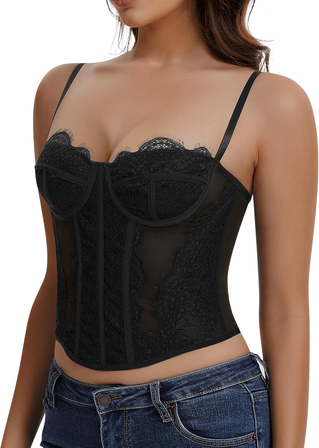 Lace Corset Tops for Women Sexy Going Out Bustier Top Sleeveless Adjustable Straps Crop Tops with Back Hooks