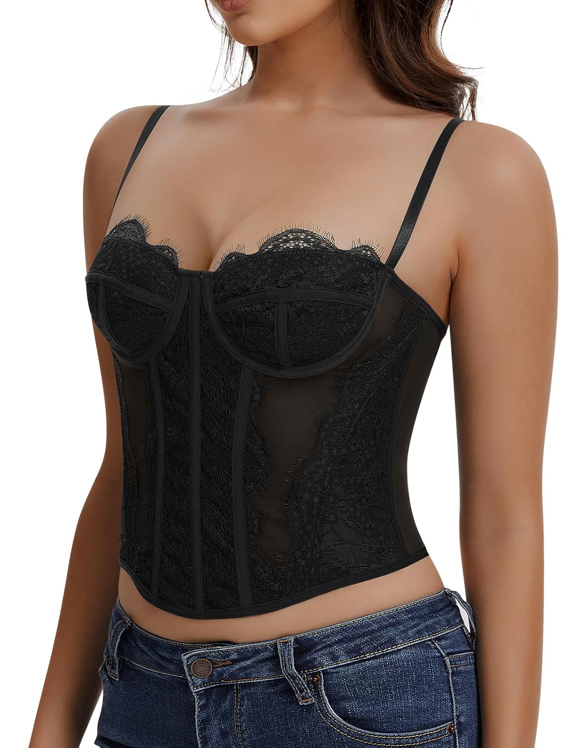 Werkiss Lace Corset Tops for Women Sexy Going Out Bustier Top Sleeveless Adjustable Straps Crop Tops with Back