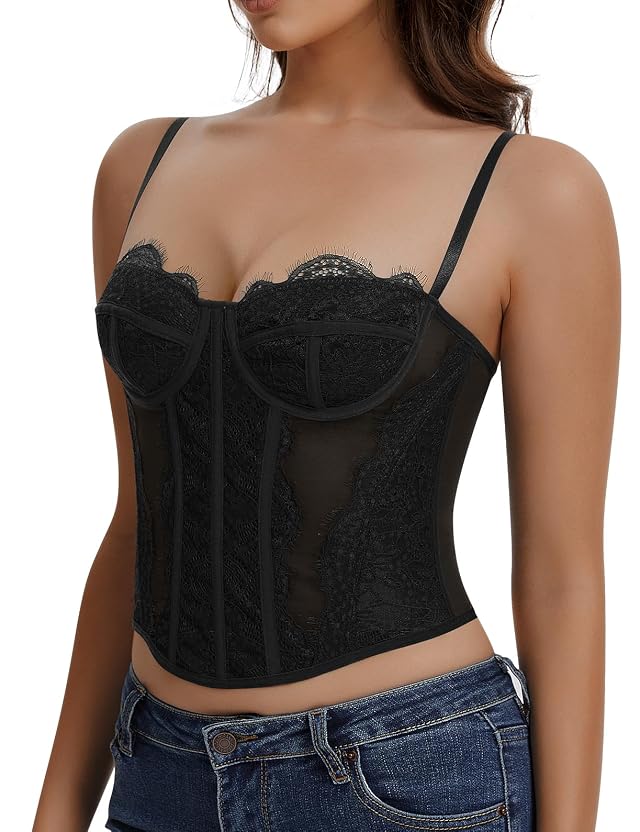 Werkiss Lace Corset Tops for Women Sexy Going Out Bustier Top Sleeveless Adjustable Straps Crop Tops with Back