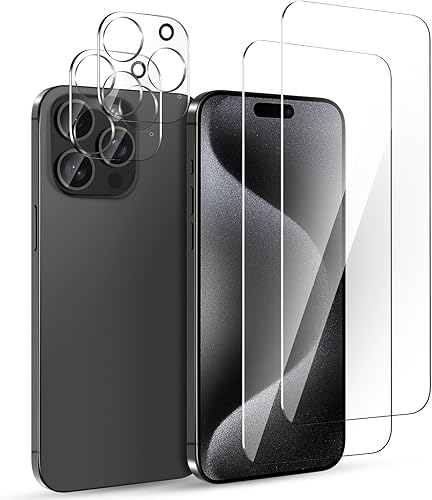 iMangoo Paquete de 2 protectores de pantalla para iPhone 15 Pro Max de 6.7 pulgadas, transparente, a prueba de golpes, película de vidrio templado