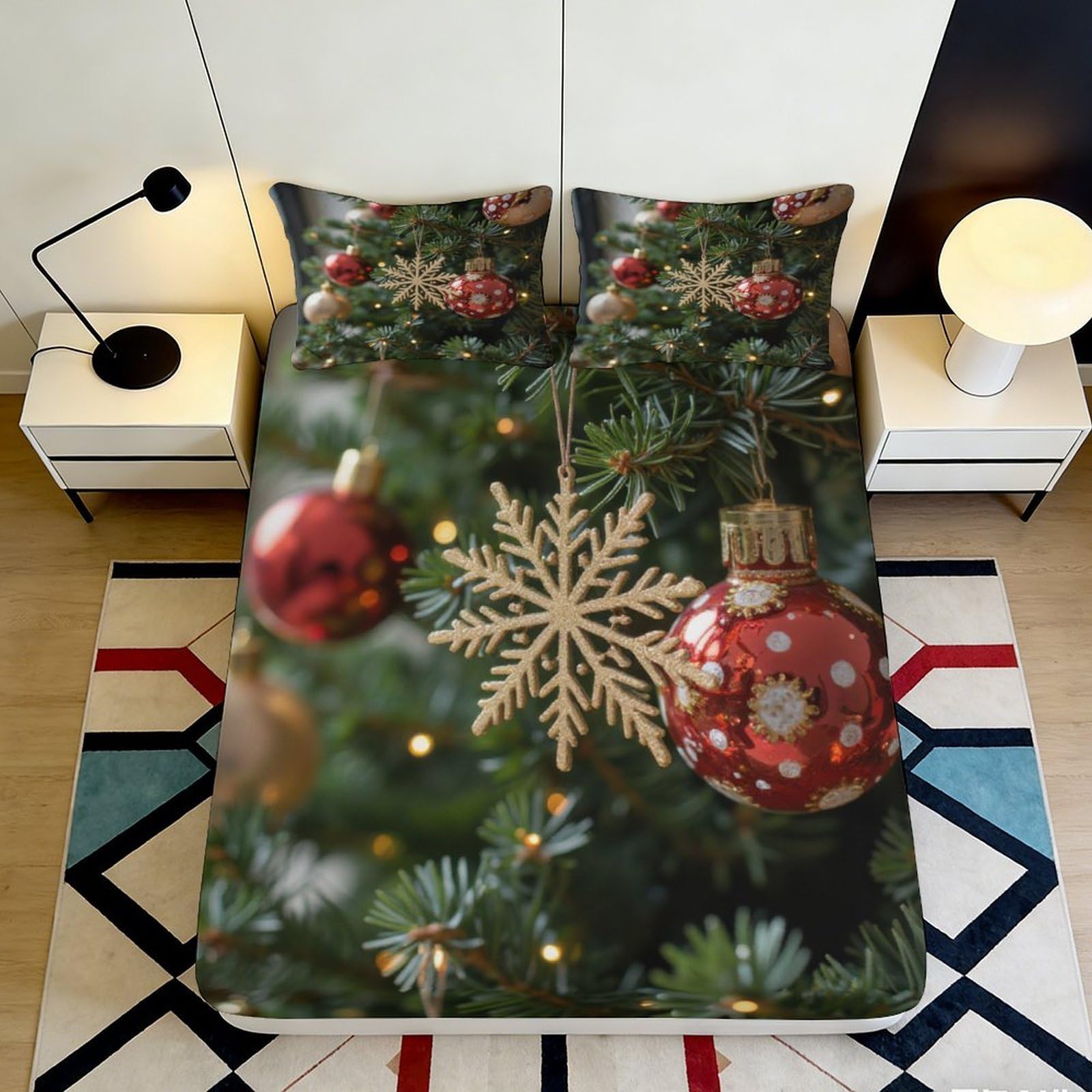 3D Printed Christmas Tree Decor Fitted Sheet Microfiber Non-Slip Deep Pocket Xmas Tree Mattress Fitted Cover Full Wrap for Bedroom 200x200x25cm 90x200x25cm