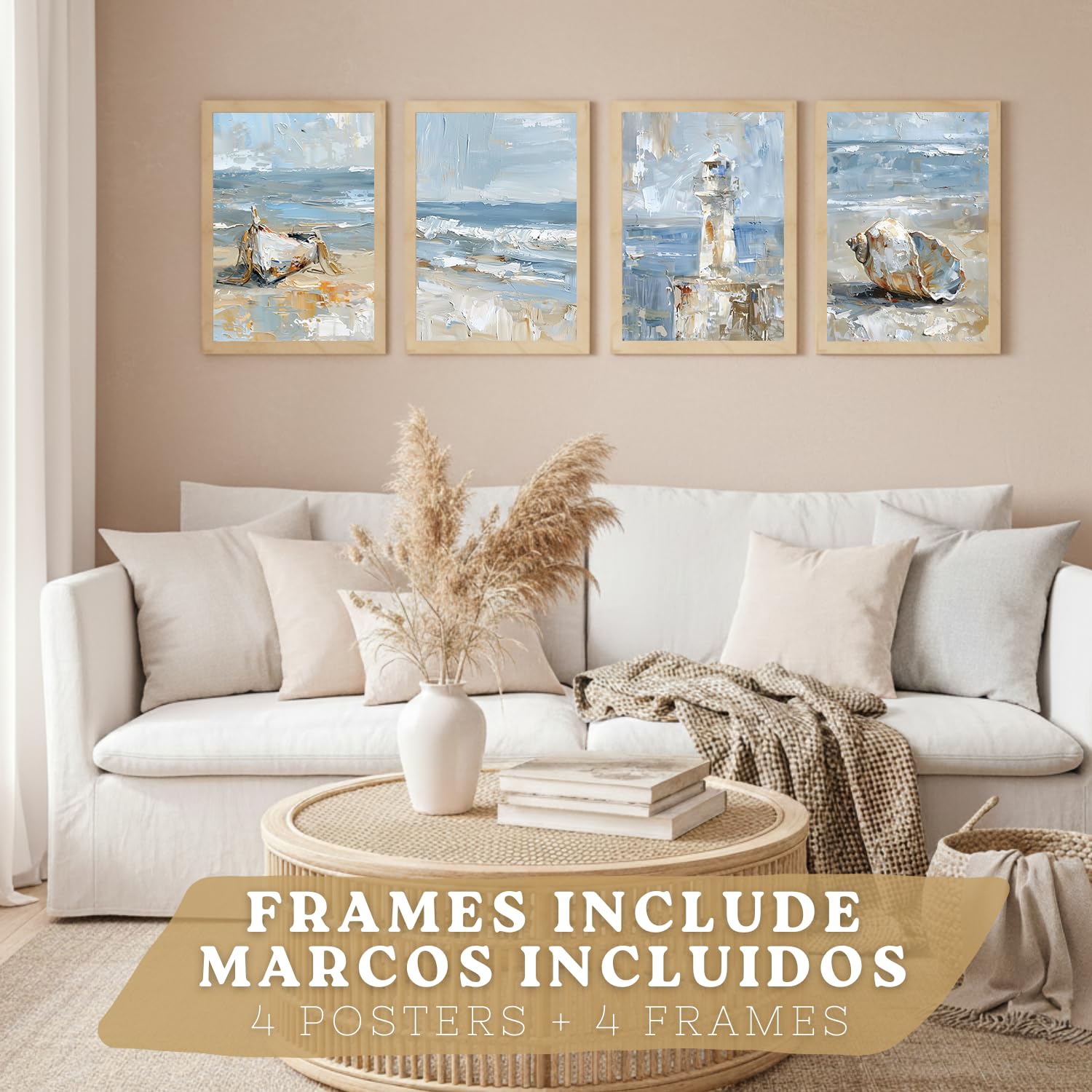 Nacnic Juego De 4 Cuadros De Playa, Mar, Costa Azul, Faro, Barca. Decoracion De Pared De Arte. Dia De Mar. Laminas Decorativas Pared Baño, Cocina,Salón Y Dormitorio. Tamaño A3 Marco Madera Clara