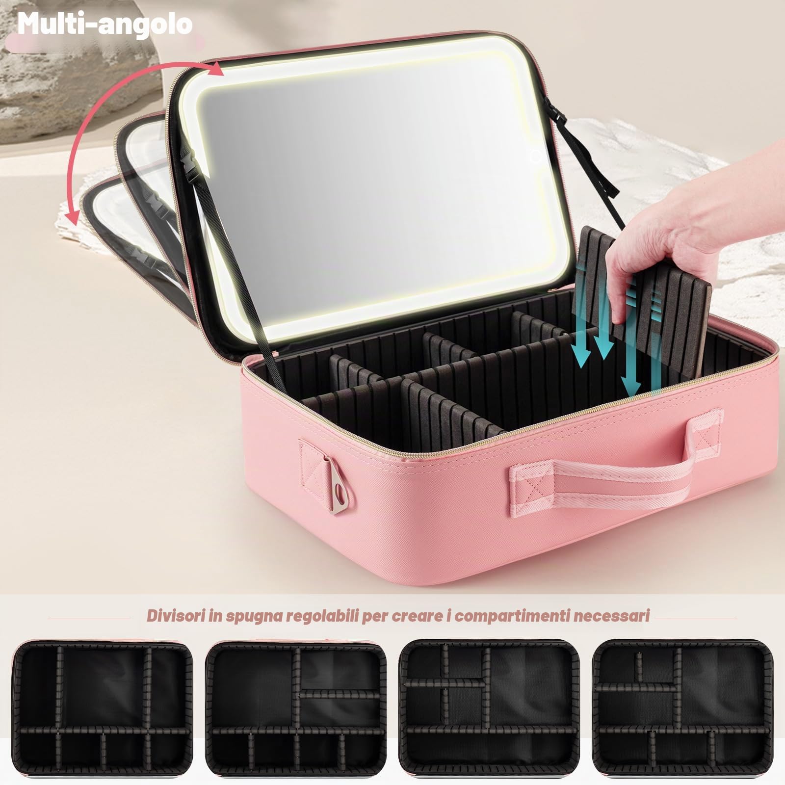 38x28CM Borsa per il trucco con specchio LED rimovibile, custodia da viaggio per il trucco con 3 luci dimmerabili colorate, custodia cosmetica di grande capacità con divisori rimovibili e tracolla