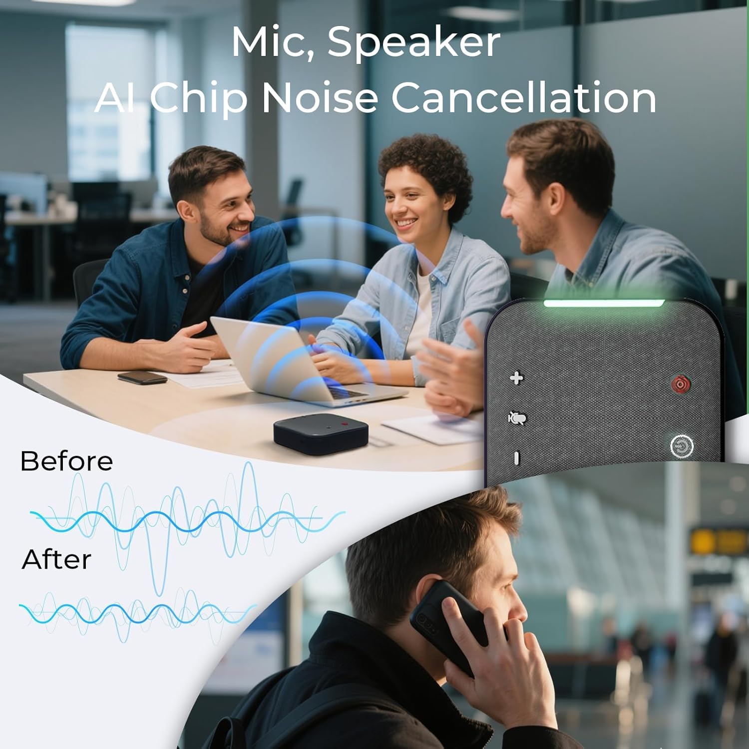 Altoparlante e microfono per conferenze, vivavoce portatile USB C e Bluetooth per computer, altoparlanti per laptop con microfono, pickup vocale a 360°, riduzione del rumore AI, tempo di