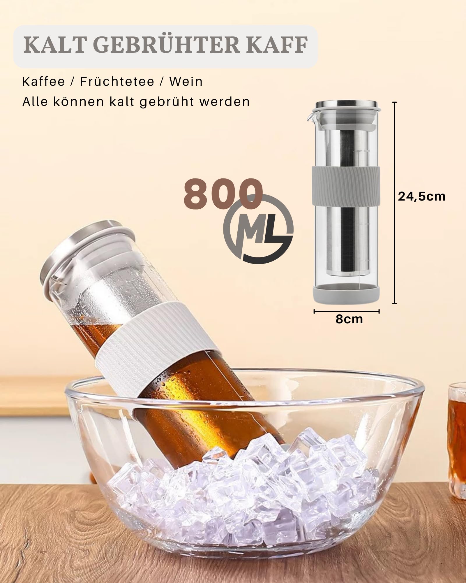 JanYoo Cafetière à piston 800 ml acier inoxydable 304 filtre silicone bec verseur café glacé