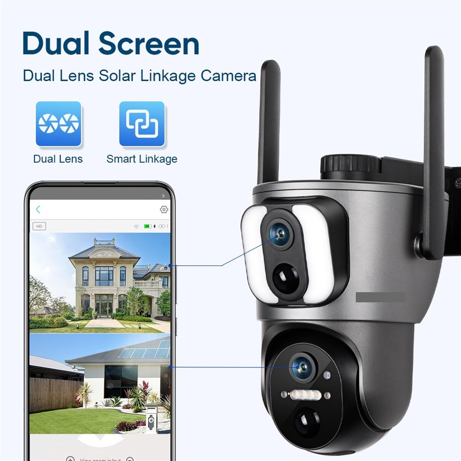 Caméra de sécurité, 4MP UHD Double écran Liaison Solaire caméra extérieure 4G détection PIR Humain Suivi Automatique de sécurité(4MP WiFi Add 64G)