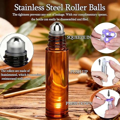 Miniatura 4 de PrettyCare 6 piezas, botellas roll-on de 10 ml para aceites esenciales con bola de rodillo de acero inoxidable - Botellas rellenables a prueba
