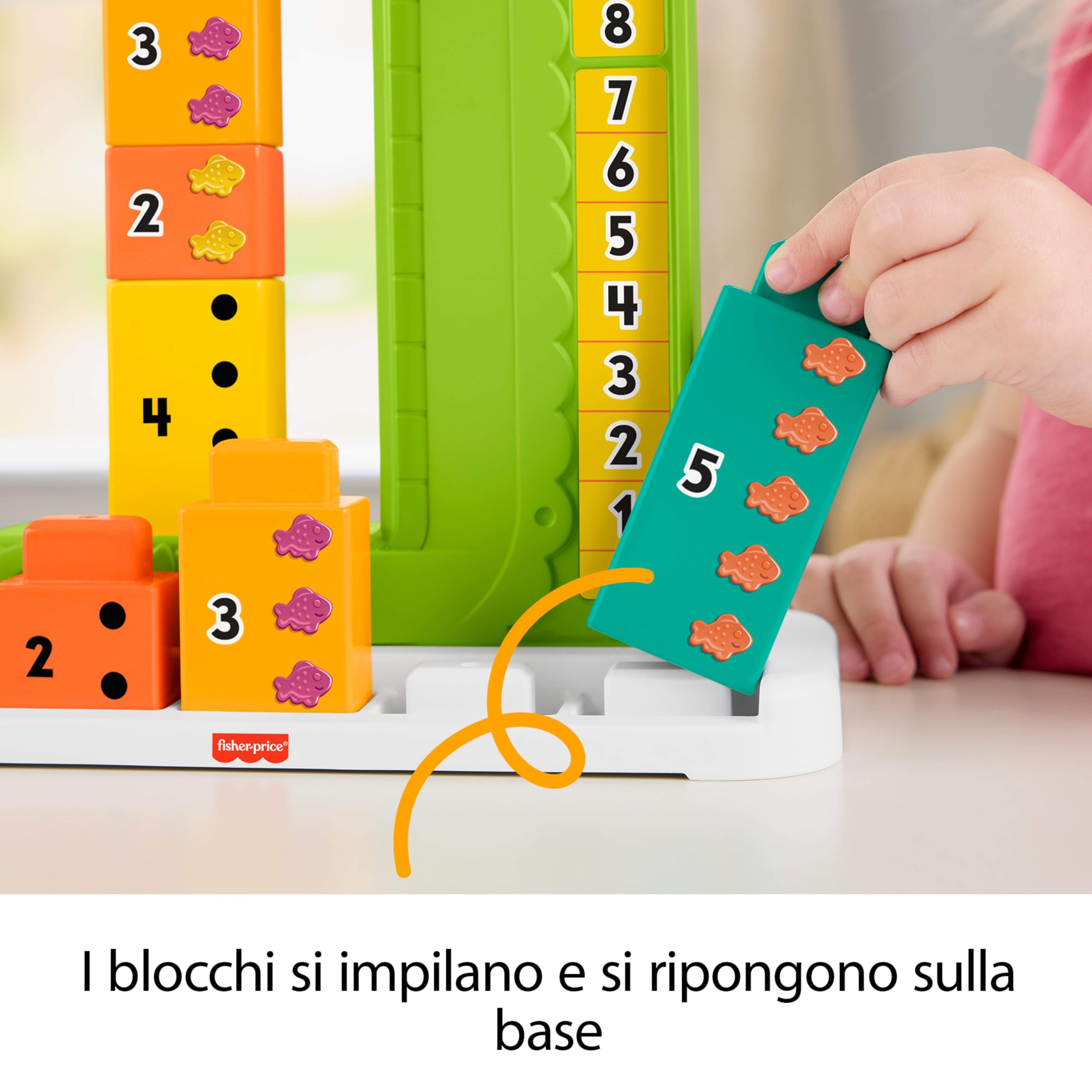 Fisher-Price - Coccodrillo Conta e Somma, Set educativo con 10 Blocchi impilabili per l'apprendimento prescolare del conteggio e delle somme, Giocattolo per Bambini, 3+ Anni, JCT13