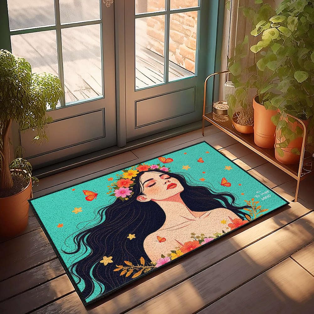 Tapis de salle de bain 50x80 cm tissé main avec motif femme fleurie