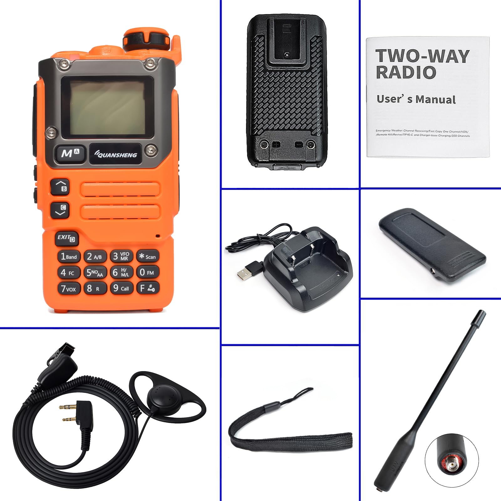HYS Quansheng UV-K5(8) Walkie Talkie Radio bidirezionale ricaricabile a Lungo raggio (con auricolare Radio), funzione VOX a 200 canali, Luce LED incorporata