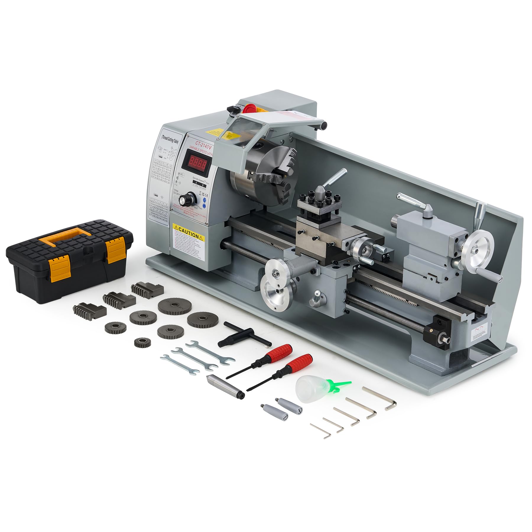 CREWORKS 750W Mini Tour à Métaux d'Établie 210x400mm 8"x16" Haute Précision avec Mandrin à 3 Mâchoires et Vitesse de Broche Max. 2500rpm Écran LCD pour Filetage Tournage Perçage