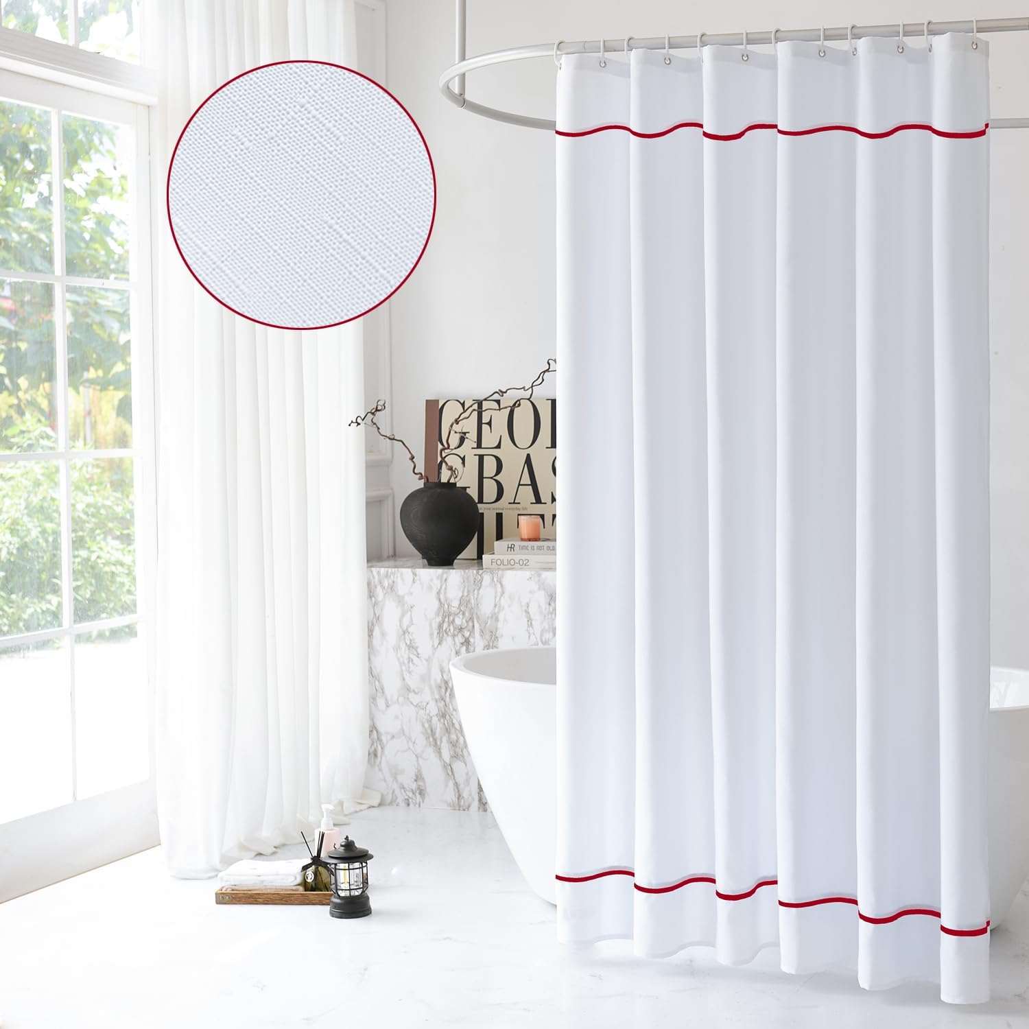 White Shower Curtain with Red Border, Modern Chic Faux Linen Fabric Shower Curtains for Bathroom and Hotel,72 x 72 Inches White/Red 72"W x 72"L (Pack of 1)