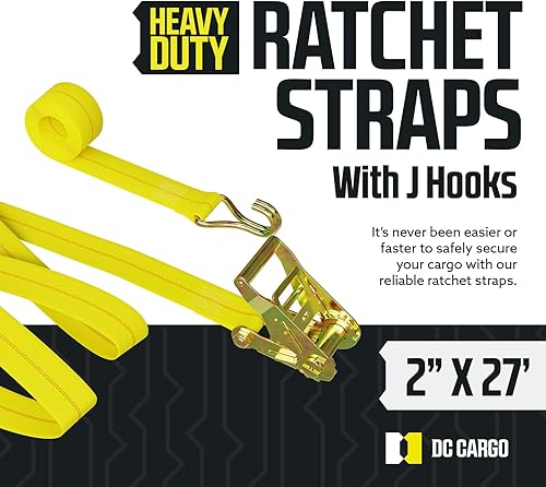 Miniatura 2 de DC - Correas de trinquete de amarre de carga con ganchos en J, (paquete de 4) correas de trinquete resistentes de 2 pulgadas x 27 pies, extremos de