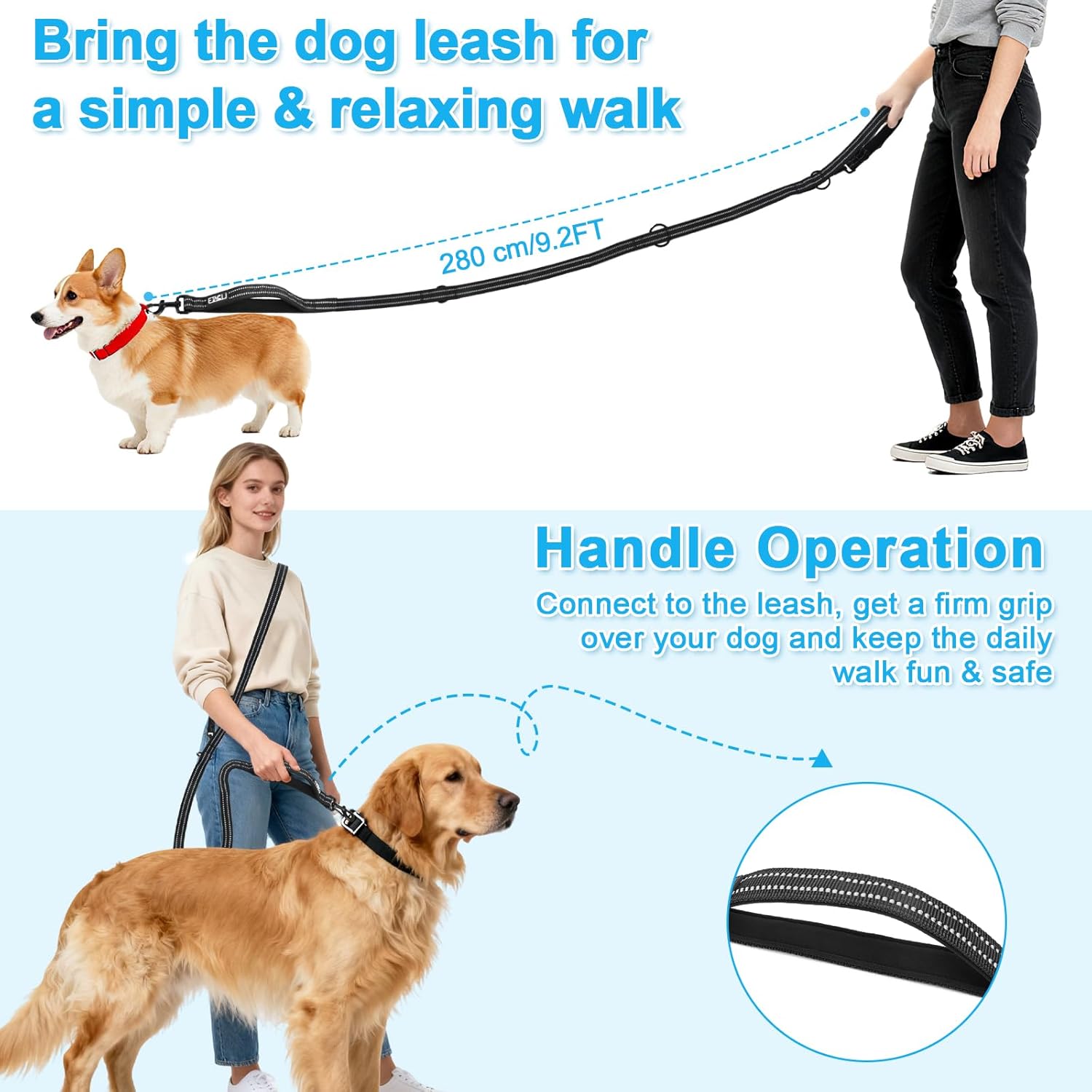 ETACCUハンズフリー犬用リーシュ、多機能クロスボディ犬用リーシュ、調節可能なウエストベルト付き、絡まない反射ウエストリーシュ、中