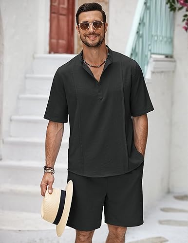 Vista 3 de COOFANDY Conjunto de lino de 2 piezas para hombre, camisa Henley, manga corta y pantalones cortos, trajes a juego para yoga y playa