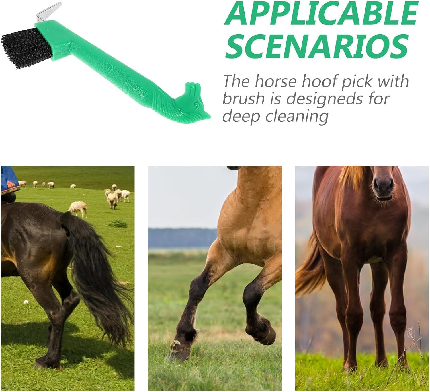 Zerodeko Horse Hoof Pick with Brush for Hoof Cleaning and Maintenance, Lightweight Metal and Plastic Design with Nonskid Green Handle, for Equestrian Training and Farm Use