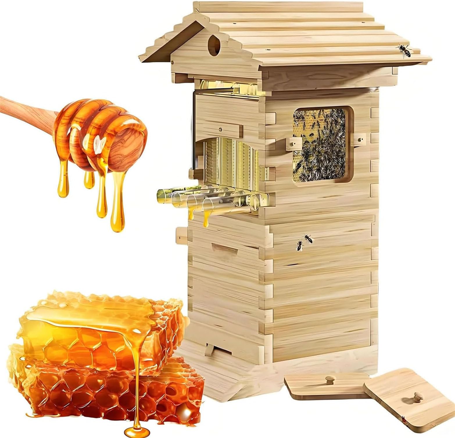 Kit de iniciación de colmena de abejas, kit completo de apicultura con caja de colmena de madera, 4 marcos, 6 bandejas para principiantes y aficionados, perfecto para apicultura en el patio trasero