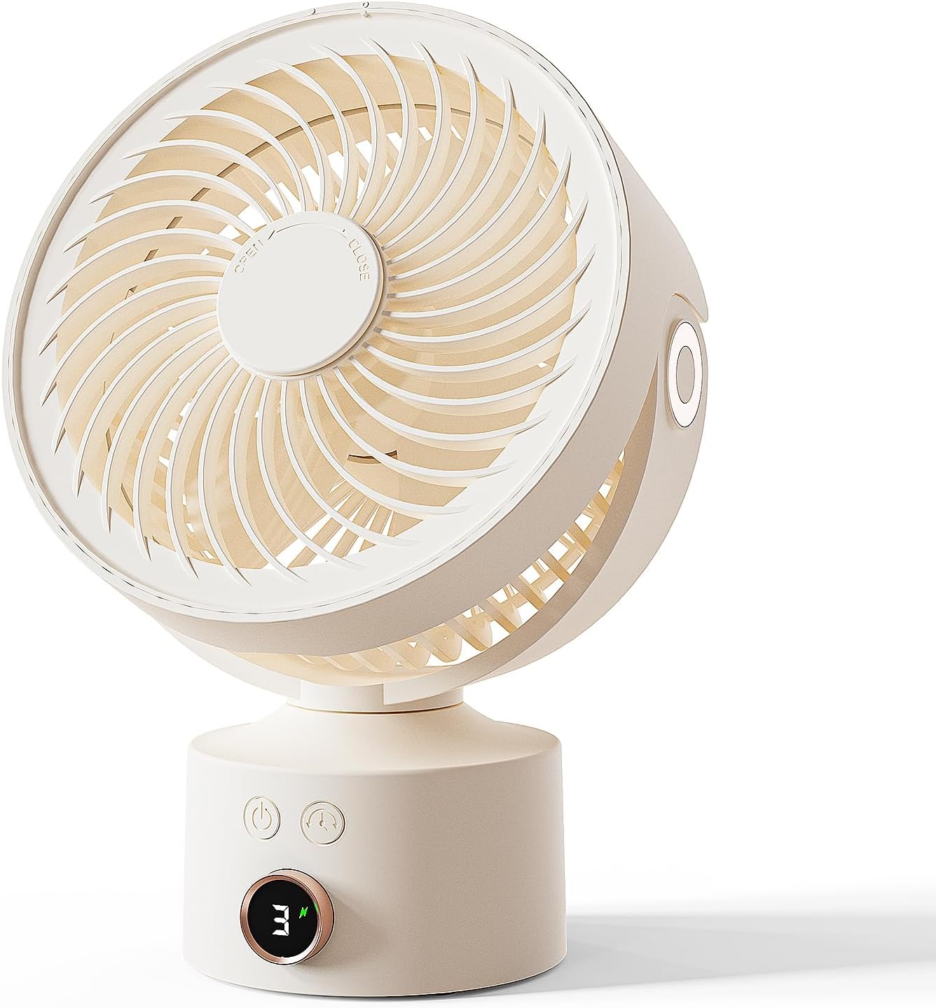 CARONSORT Small Desk Fan, 120° Oscillating Fan for Indoors, 4000mAh Rechargeable Personal Fan Battery Operated with Digital Display, USB Fan with 3 Speeds for Bedroom Home/Office Desktop-Beige