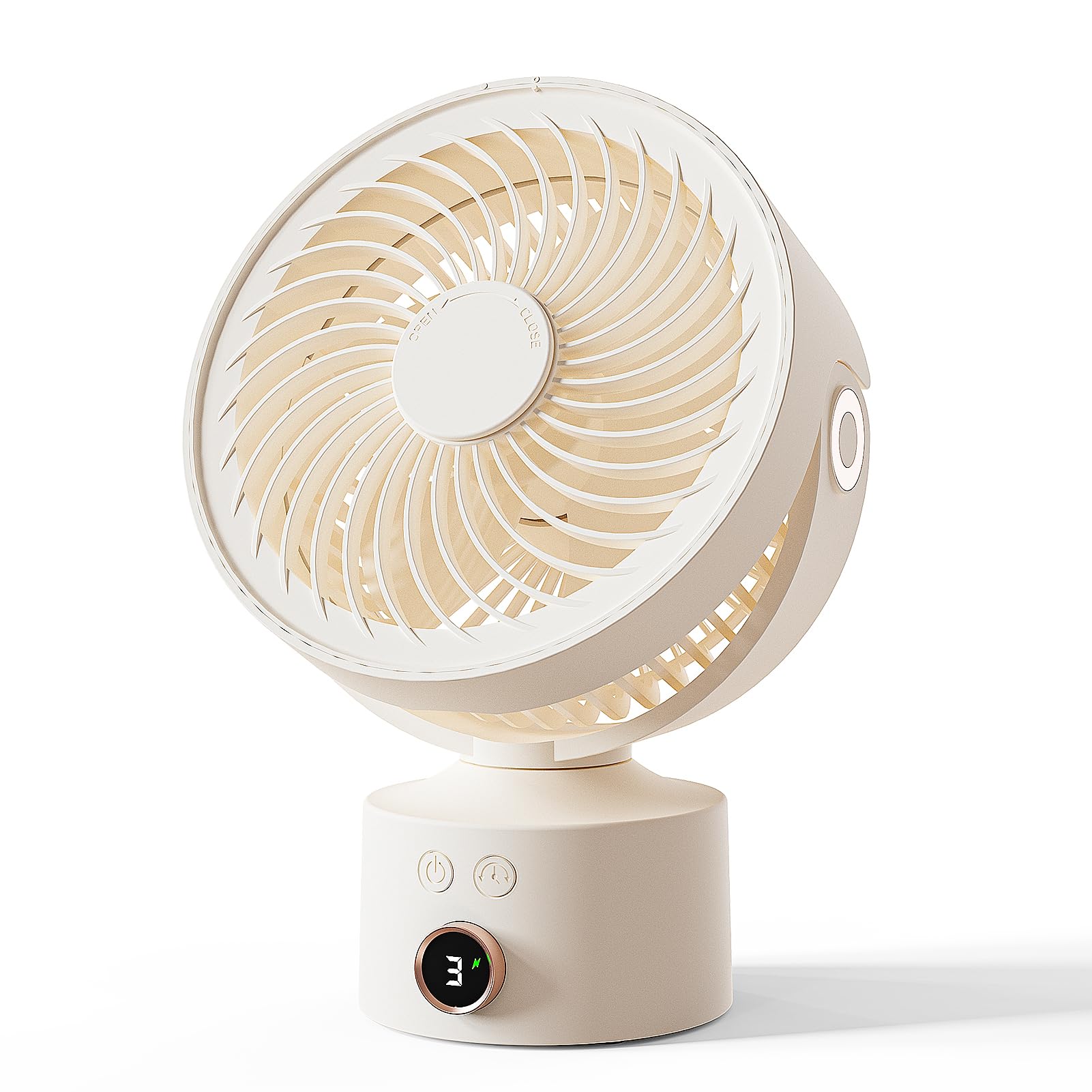 CARONSORT Small Desk Fan, 120° Oscillating Fan for Indoors, 4000mAh Rechargeable Personal Fan Battery Operated with Digital Display, USB Fan with 3 Speeds for Bedroom Home/Office Desktop-Beige