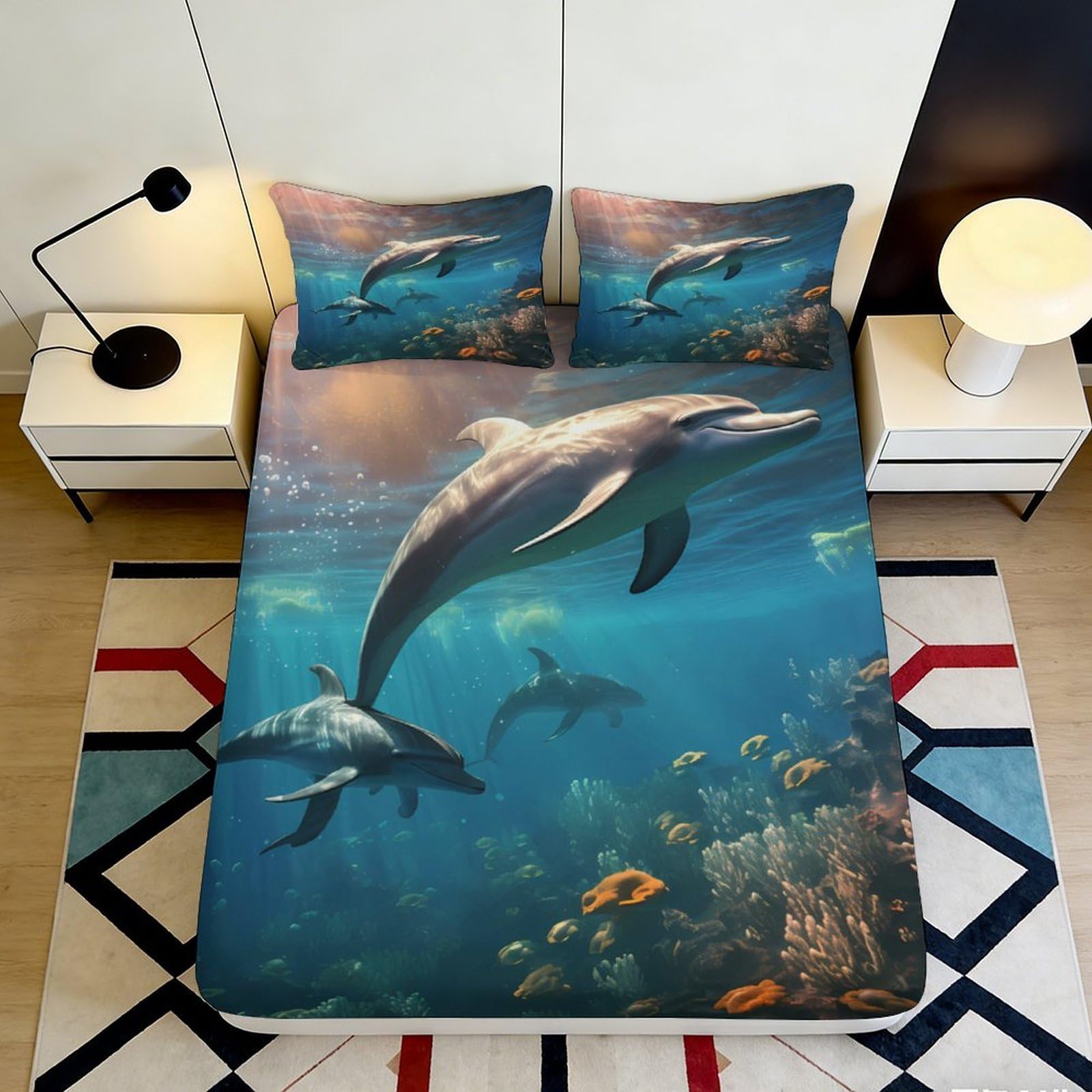3D Printed Dolphin Ocean Fitted Sheet Microfiber Soft Durable Underwater Bed Cover for Bedroom Dormitory Guest Room Mattress Protection Decor 140x200x25cm
