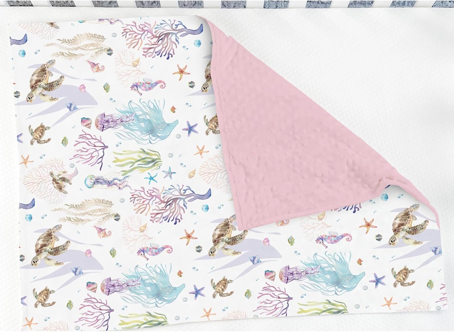 Retro Sea Animals Baby Blankets for Girl Boy Boho Sea Horse Turtle Jellyfish Starfish Coral Soft Mink Dotted Backing Double Layer Swaddle Blanket for Toddler Nursery Ocean Marine Bed Blanket 30x40