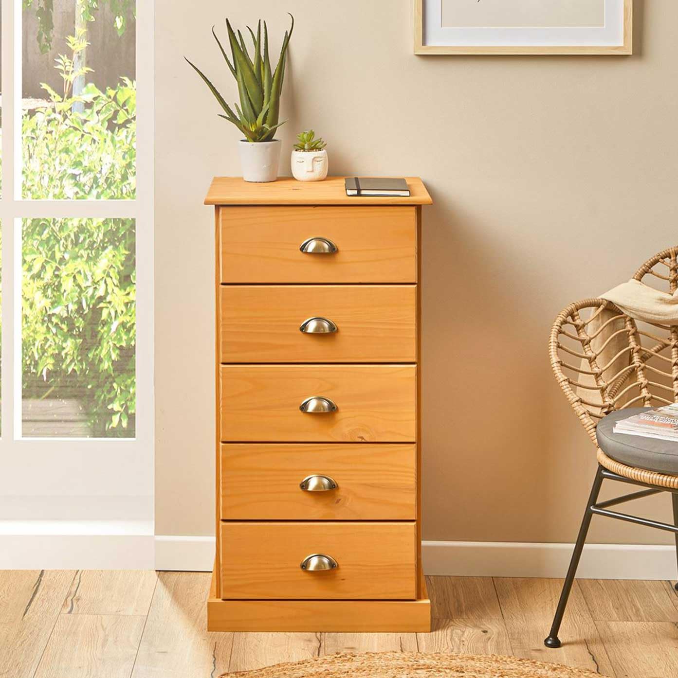 IDIMEX Chiffonnier Paris Commode avec 5 tiroirs en pin Massif lasuré Brun