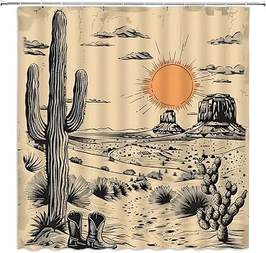 Western Shower Curtain Rustic Cactus Desert Sunset Mountain Southwestern Cowboy Farmhouse Country American Vintage Minimalist Aesthetic Bathroom Decor Curtains Polyester with Hooks