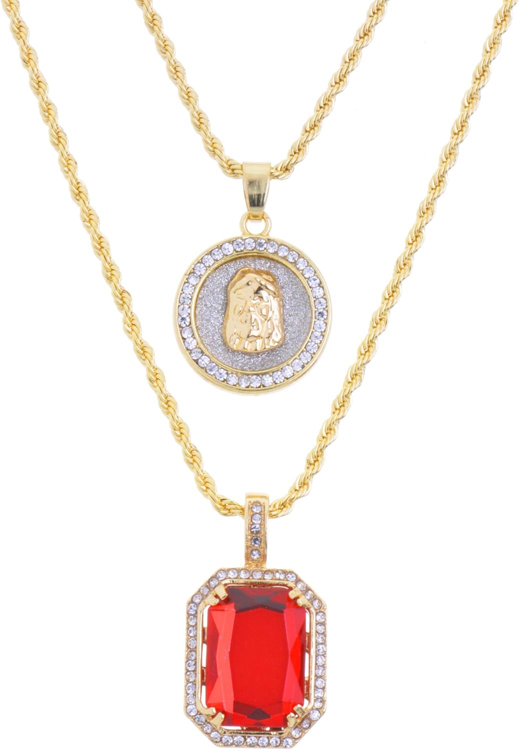 New Metaltree98 Solid 18k Gold Plated Medallion Jesus & Red Ruby 22" & 27" Combo Pendant 2.5 mm Rope Chain MHC 210 G