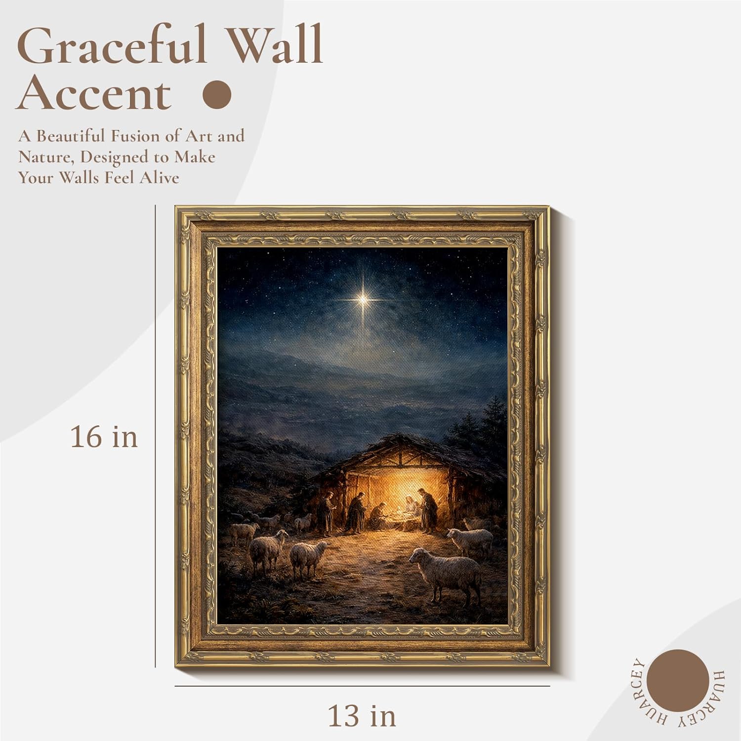 HUARCEY 13"x16" Glass Nativity Scene Framed Canvas Wall Art, Jesus Birth Christian Wall Decor Vintage Gold Frame with Bethlehem Star, Religious Easter Painting for Living Room Church Home Decor