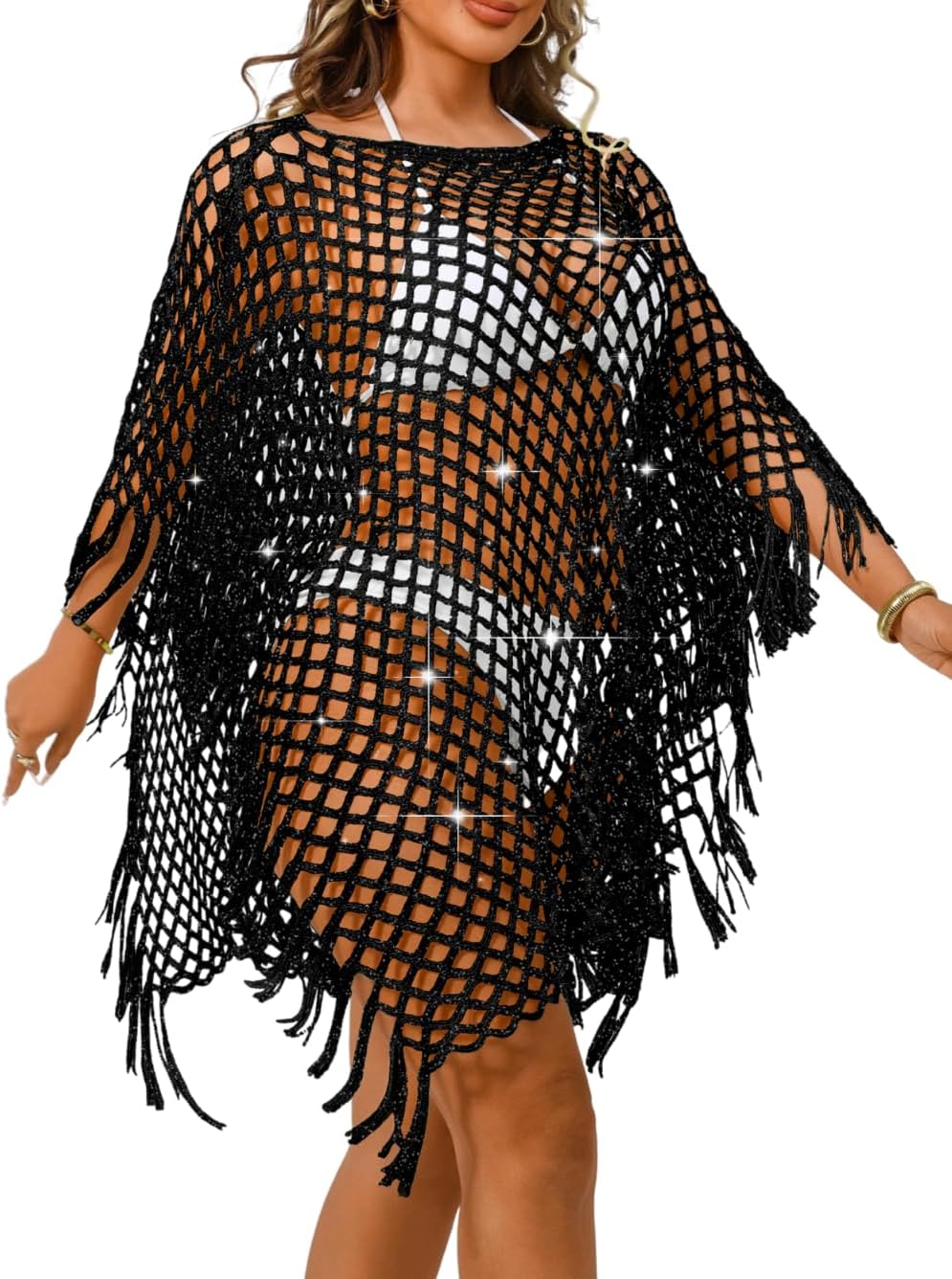 Kaei&Shi Sexy Hollow Out Beach Coverups,Crochet Fringe Knit Swimsuit Cover Up,Pool Swimwear Dress for Women Fit 0-14