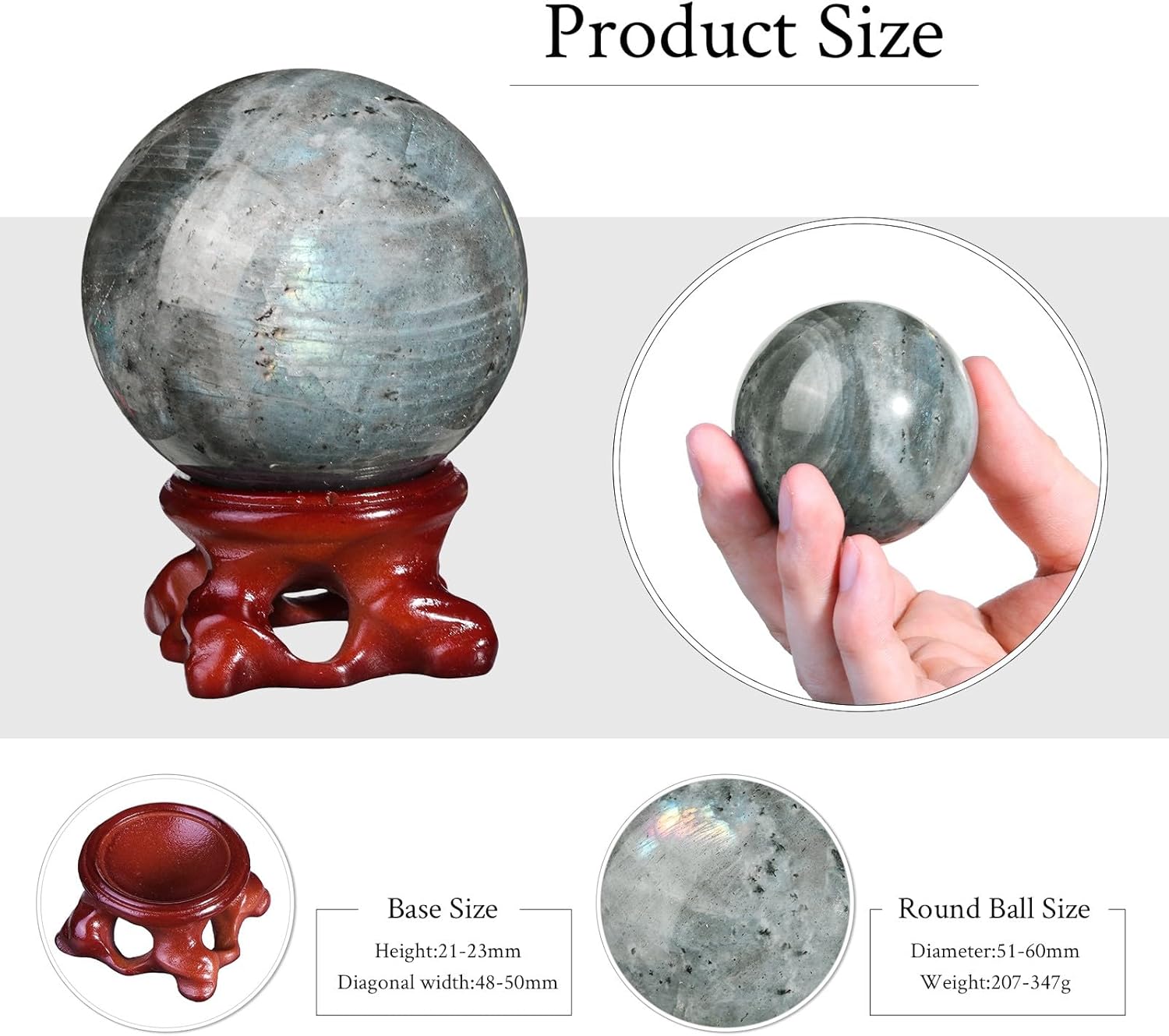 Labradorite Crystal Ball with Resin Stand for Home Office Decor, Feng Shui Crystal Sphere for Meditation and Witchcraft, 51-60 MM
