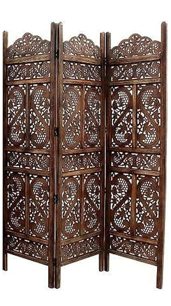 Rajasthani Arts Wooden Living Room Partition/Divider Room Separator for Home/Office Melamine Finish Brown S Design (3 Panel)