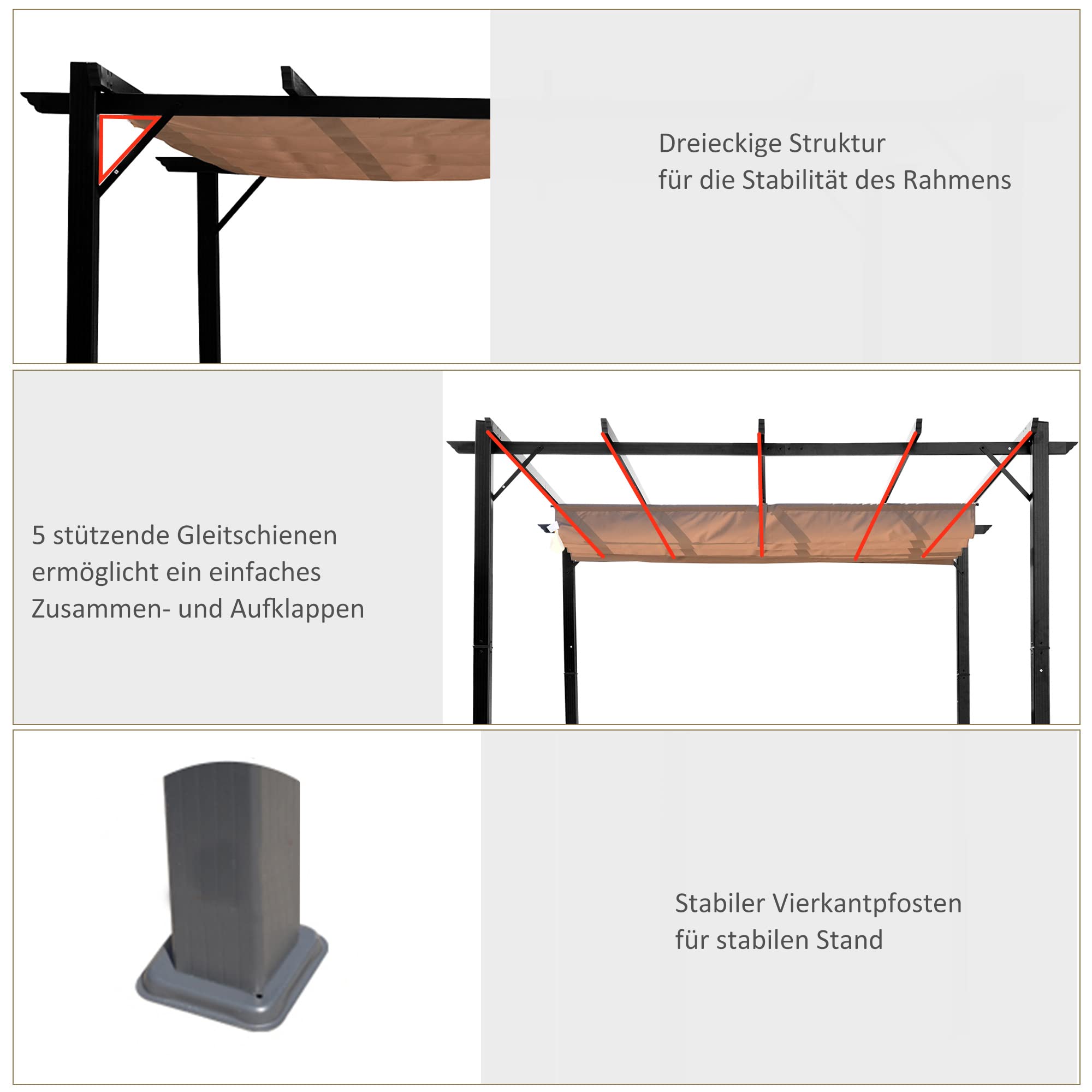 Outsunny Pergola z regulowanym daszkiem materiałowym 3x4 m Szary+Brązowy | Daszek tarasowy, aluminiowa ochrona przeciwsłoneczna, zadaszenie, taras ogród