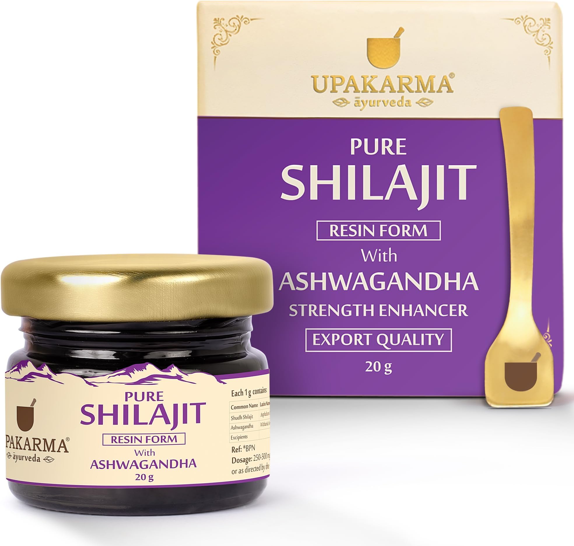 UPAKARMA Shilajit Resin with Ashwagandha 20g | 300mg/serving | Boosts Strength & Build Muscle Mass | 100% Ayurvedic | Lab Tested | 66 Servings | Pack of 1