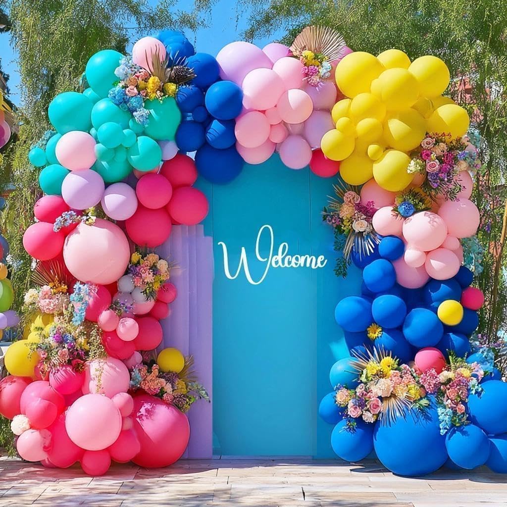 Hot Pink Blue Yellow Balloon Garland, Double Stuffed Royal Blue Teal Lavender Balloons Pastel Balloon Arch Kit for Tropical Hawaii Graduation Birthday Baby Shower Party Decorations